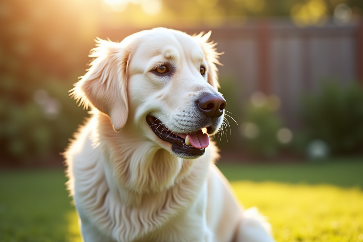 Golden retriever blanc dans un jardin ensoleille