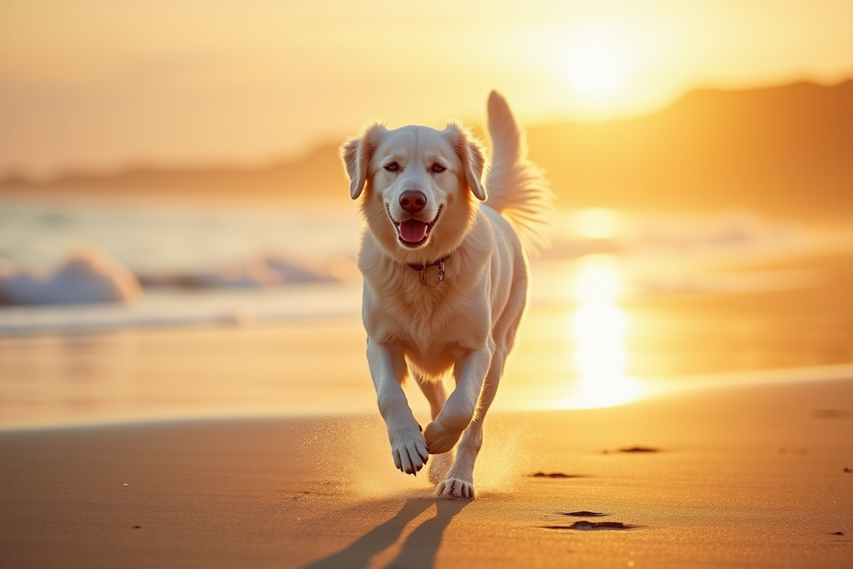 Golden retriever blanc courant sur la plage au coucher du soleil