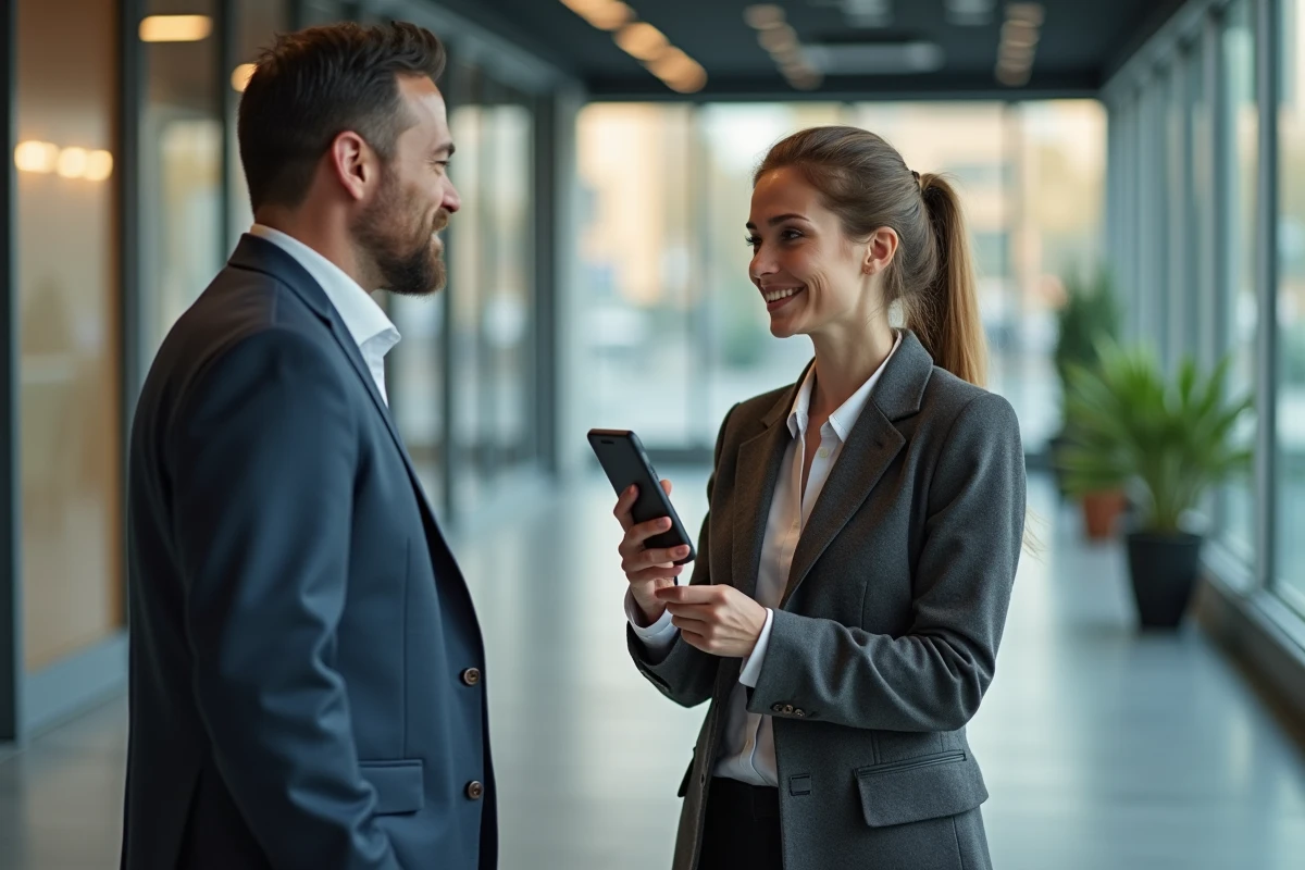 Deux collègues discutant dans un couloir d'entreprise d'une situation de raccrochage téléphonique, illustrant une approche de communication assertive
