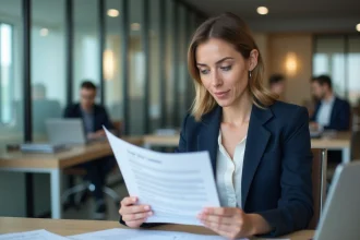 Coordinatrice RH relisant une offre d'emploi dans un bureau moderne