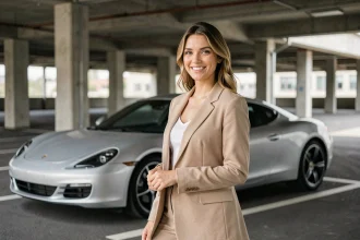 Jeune femme élégante en blazer beige posant avec assurance près d'une supercar argentée dans un parking urbain moderne