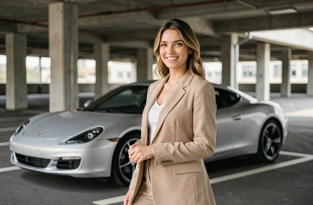 Jeune femme élégante en blazer beige posant avec assurance près d'une supercar argentée dans un parking urbain moderne