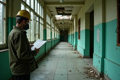 Explorateur urbex dans le couloir délabré d'un hôpital psychiatrique abandonné, murs en béton avec peinture écaillée verte