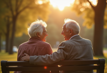 Couple age assis sur un banc de parc riant