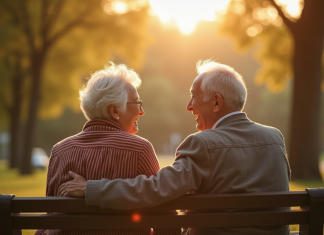 Retour sur 38 ans de mariage : le témoignage d’un couple Couple age assis sur un banc de parc riant