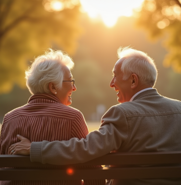 Couple age assis sur un banc de parc riant