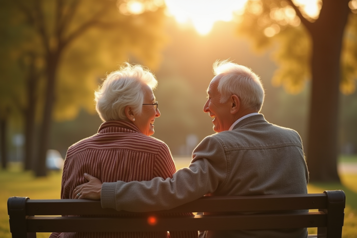 Couple age assis sur un banc de parc riant