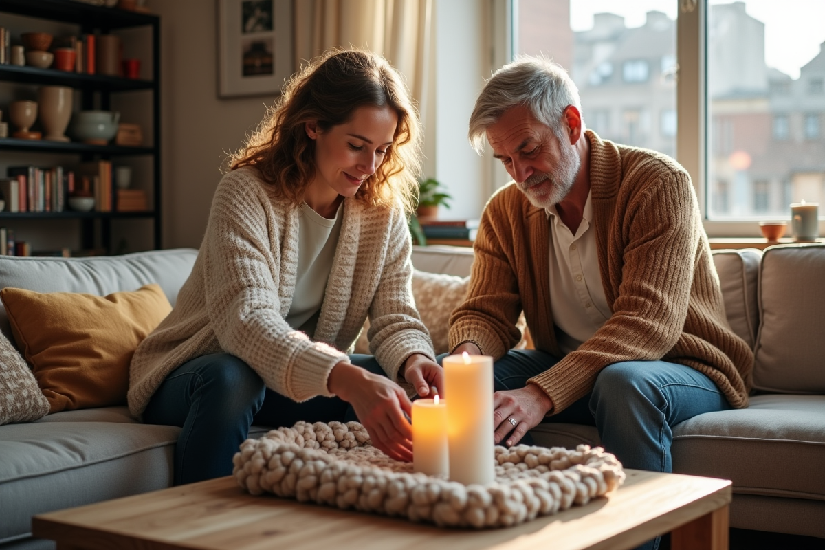 Couple arrangeant des bougies dans un appartement lumineux