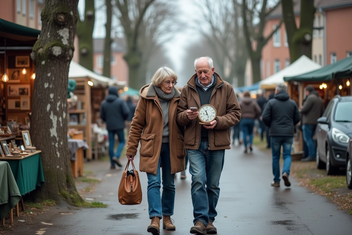 Couple de brocanteurs habitués vérifiant les informations sur smartphone dans un marché aux puces du nord