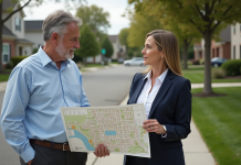 Couple en discussion sur un plan de zonage urbain