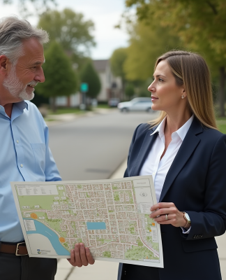 Couple en discussion sur un plan de zonage urbain