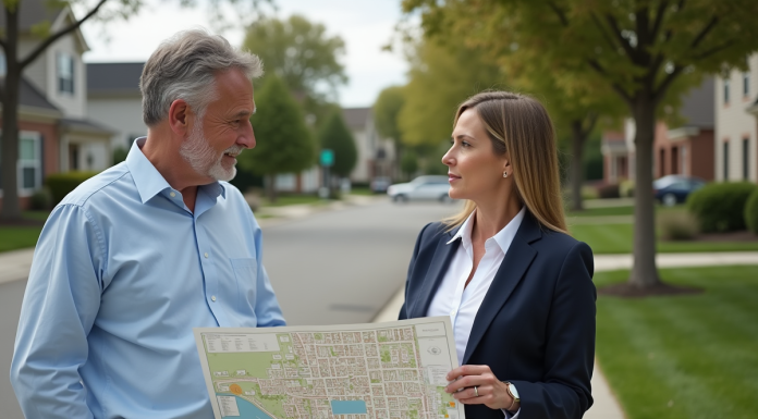 Couple en discussion sur un plan de zonage urbain
