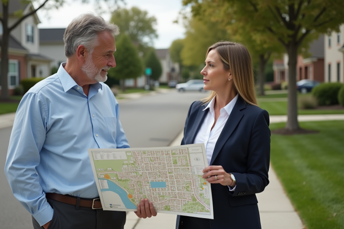 Couple en discussion sur un plan de zonage urbain