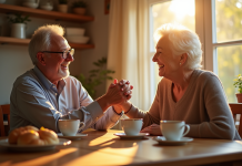 Couple âgé riant main dans la main au petit déjeuner