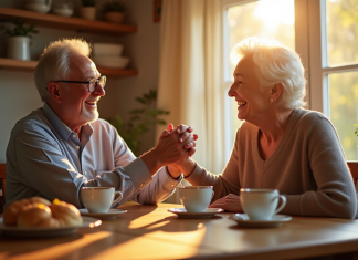 Couple âgé riant main dans la main au petit déjeuner