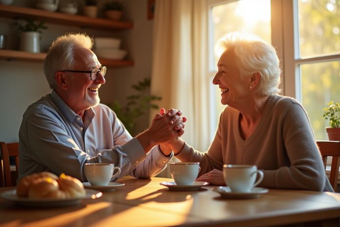 couple-elderly-matin-cuisine Couple âgé riant main dans la main au petit déjeuner