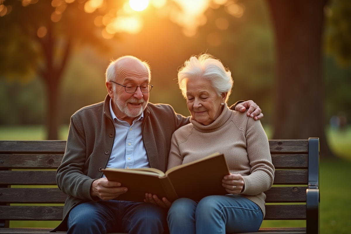 Couple âgé regardant album photo dans un parc au coucher du soleil