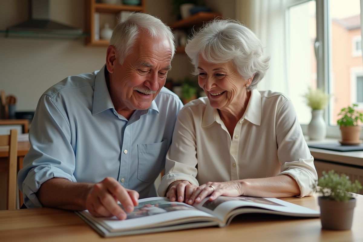 Couple mature regardant leur album de mariage