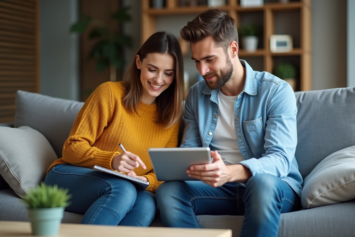 Couple examinant ensemble la politique de retour Clevya sur une tablette avant de contacter leur banque pour un remboursement