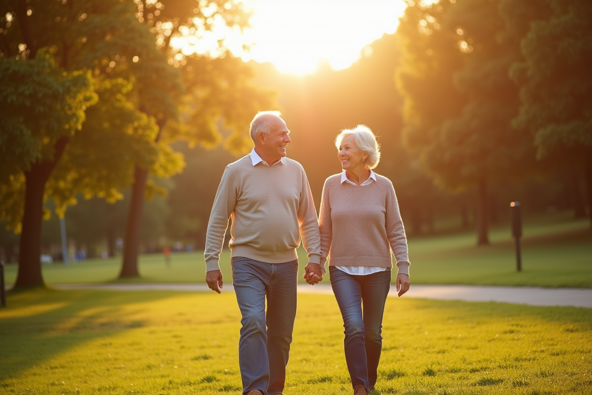 Un couple âgé marche main dans la main dans un parc ensoleille