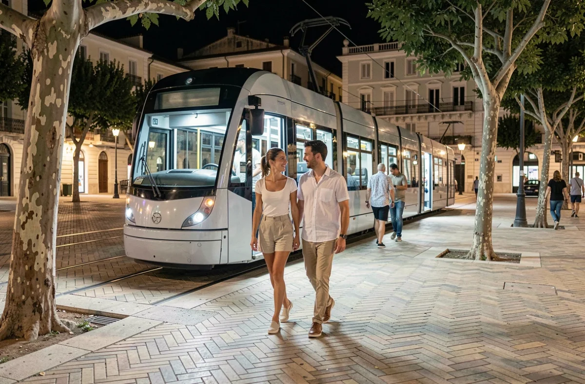Couple descendant du tramway de Toulon le soir sur une place centrale, illustration des transports en commun pour sortir sans voiture