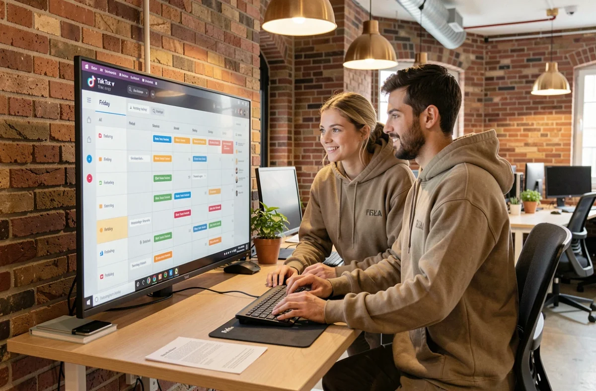 Deux créateurs de contenu collaborant sur un planning de publication TikTok le vendredi dans un espace de coworking