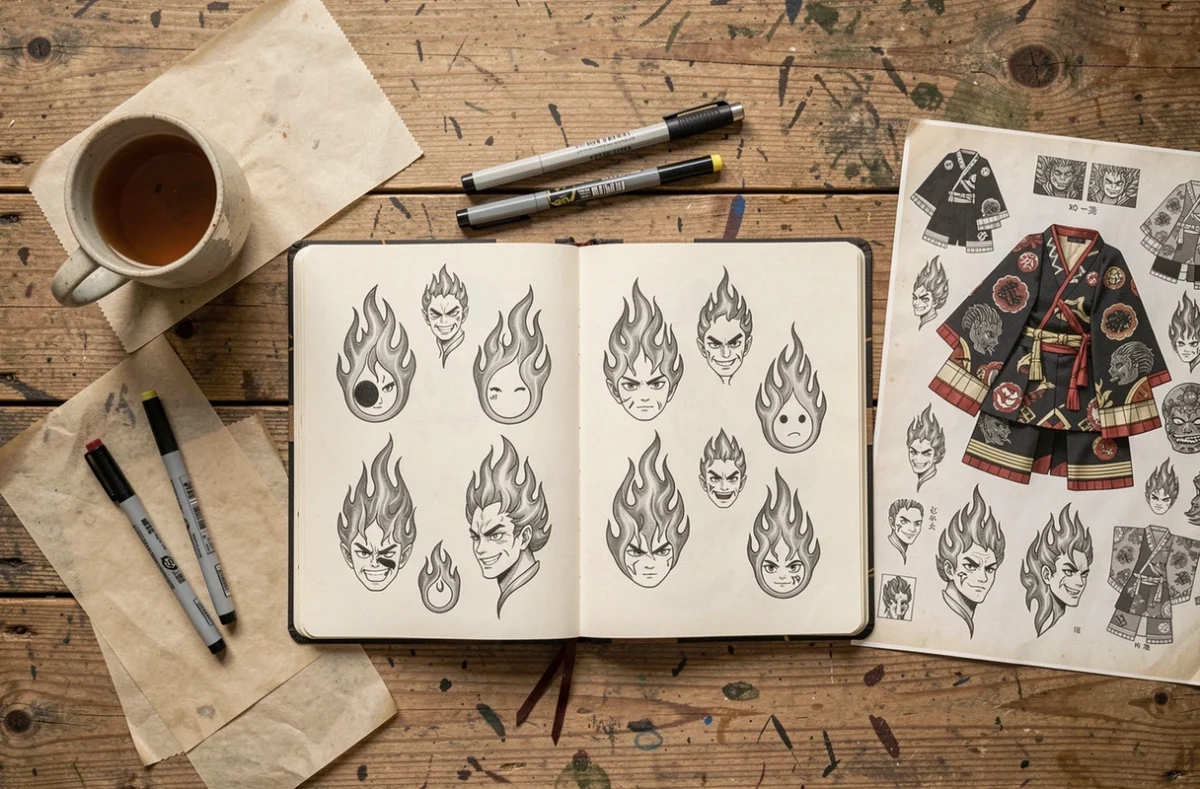 Cahier de croquis ouvert avec des designs de tatouage Rangoku en encre noire posé sur un bureau en bois