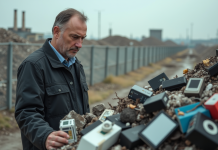 Économie linéaire vs économie circulaire : quelles différences ? Homme d'âge moyen examine des déchets électroniques à la décharge