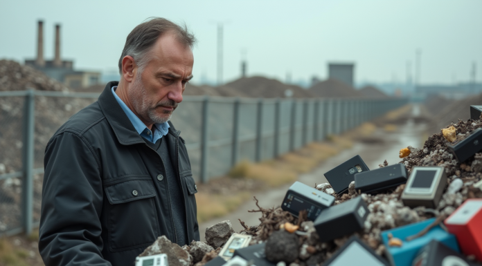 Homme d'âge moyen examine des déchets électroniques à la décharge