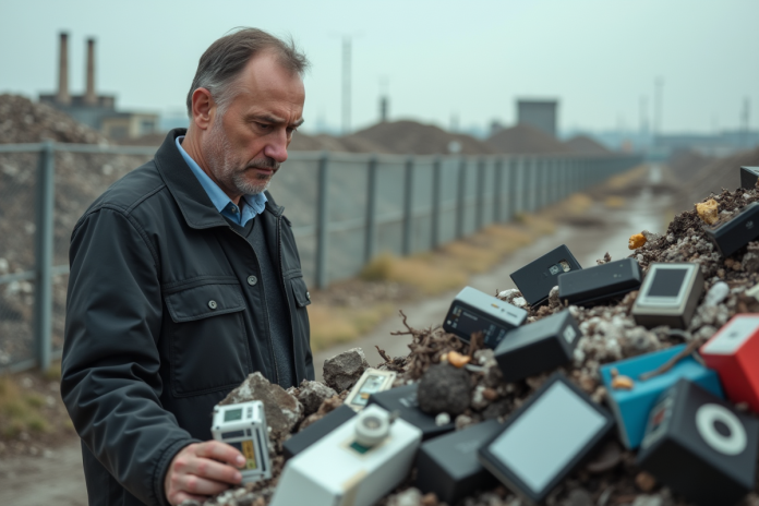 Homme d'âge moyen examine des déchets électroniques à la décharge
