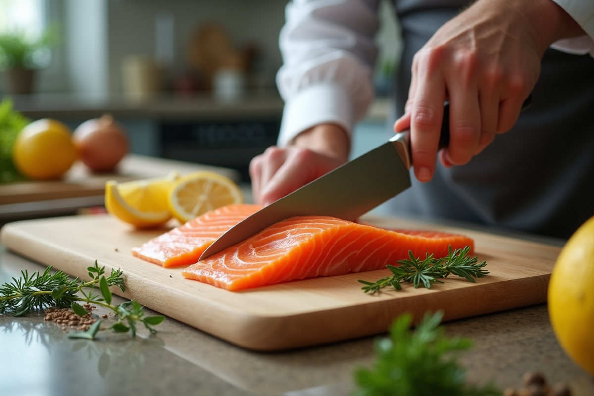 Main coupant du saumon avec citron et herbes dans la cuisine