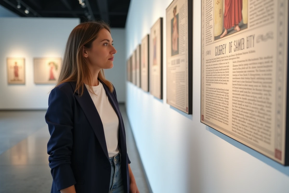 Femme admirant un panneau éducatif sur les déesses grecques dans un musée d'art classique
