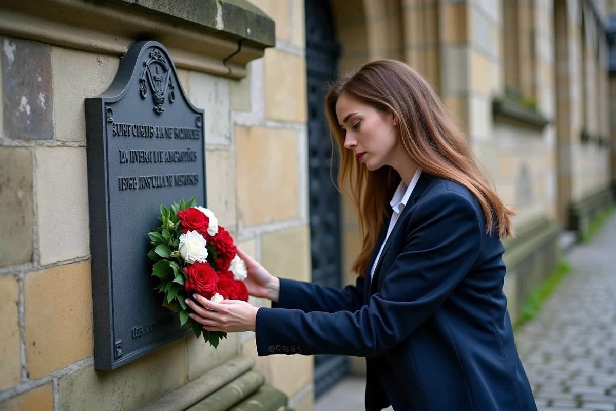 Jeune femme déposant une gerbe tricolore devant une plaque commémorative militaire sur une église en pierre