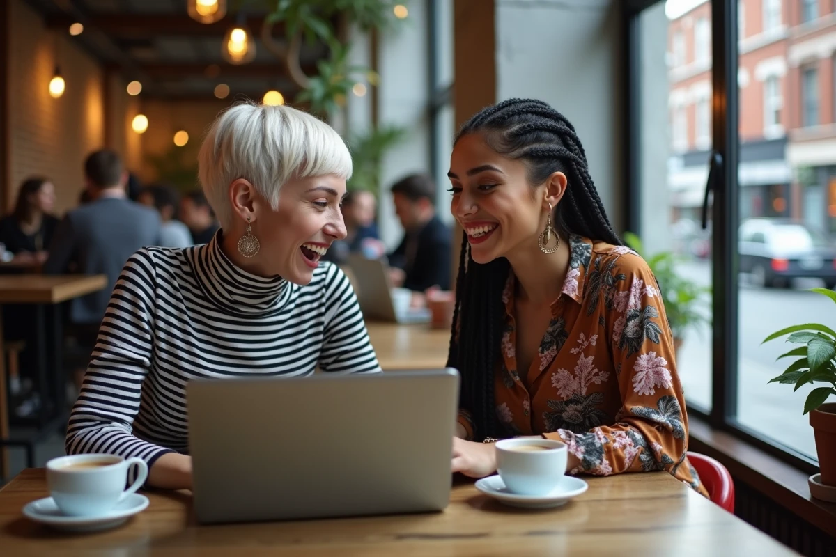 Deux amies dans un café moderne découvrant ensemble une liste de chanteurs des années 90 et 2026 sur un ordinateur portable