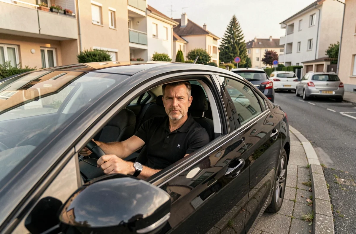 Chauffeur de DGtransfert au volant d'une Peugeot 508 noire dans une rue résidentielle de l'Isère