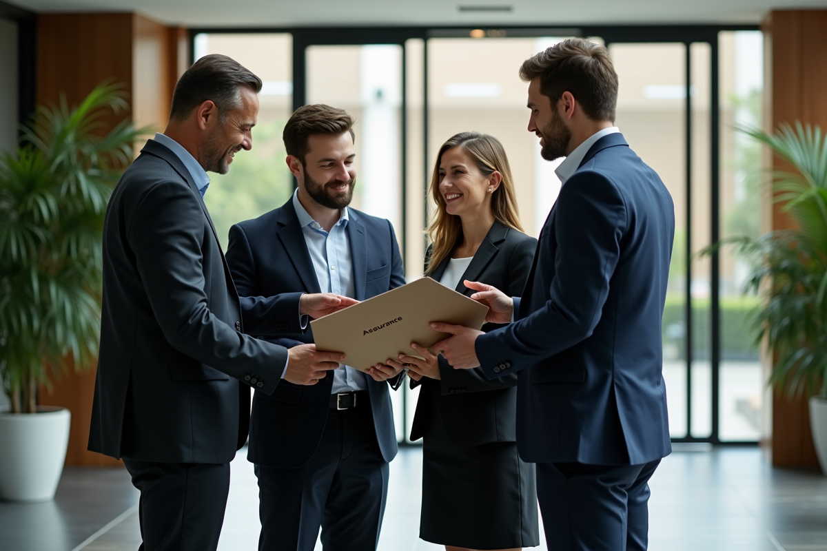Groupe de professionnels discutant dans un hall