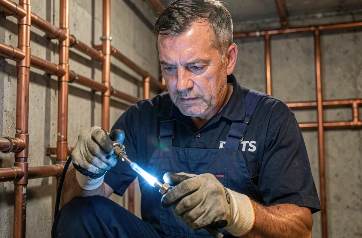 Plombier DTS en train de souder des raccords en cuivre dans une chaufferie souterraine à Reims