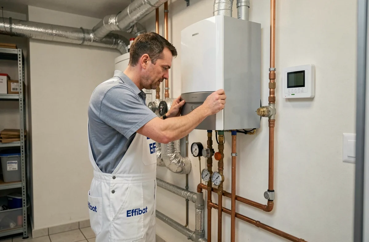 Technicien Effibat installant une chaudière à condensation moderne dans une chaufferie résidentielle à Reims