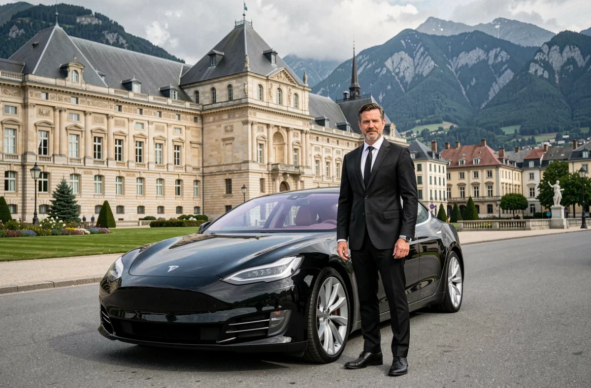 Chauffeur Elite Driver en costume noir devant une Tesla Model S noire avec l'hôtel de ville de Grenoble en arrière-plan
