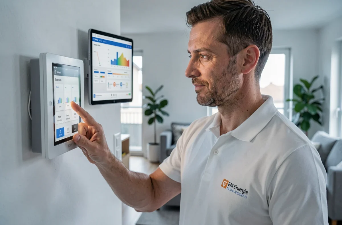 Technicien EM Energie programmant un système de gestion de chauffage connecté dans une maison moderne à Reims