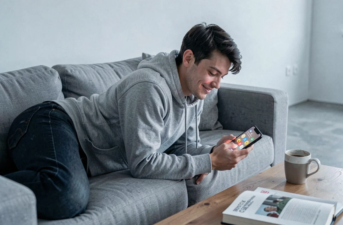 Jeune homme souriant en train d'envoyer un message d'amour avec des emojis sur son smartphone dans un appartement moderne