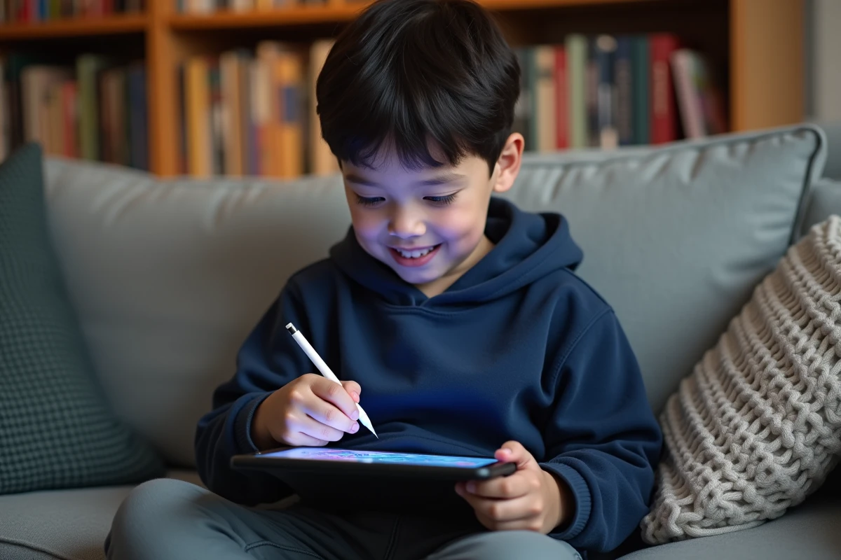 Garçon qui colorie un dessin en ligne sur une tablette numérique avec un stylet dans un salon