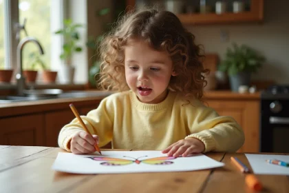 Fillette qui colorie un dessin imprimé de papillon avec des crayons de couleur sur une table en bois