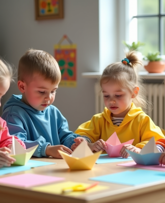 Groupe d'enfants en maternelle fabriquant des bateaux en papier dans une classe lumineuse