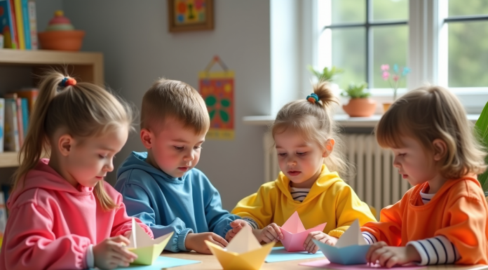 Groupe d'enfants en maternelle fabriquant des bateaux en papier dans une classe lumineuse