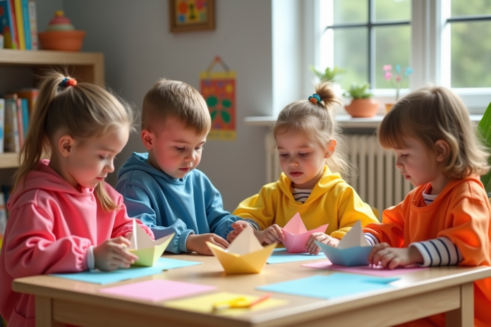 enfants-activite-craft-papier Groupe d'enfants en maternelle fabriquant des bateaux en papier dans une classe lumineuse