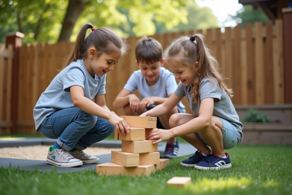 Trois enfants construisent une tour en bois dans le jardin