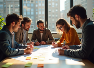 Démarche design : bon ordre des 5 étapes & conseils efficaces Equipe de designers collaborant autour d'une table pour le design