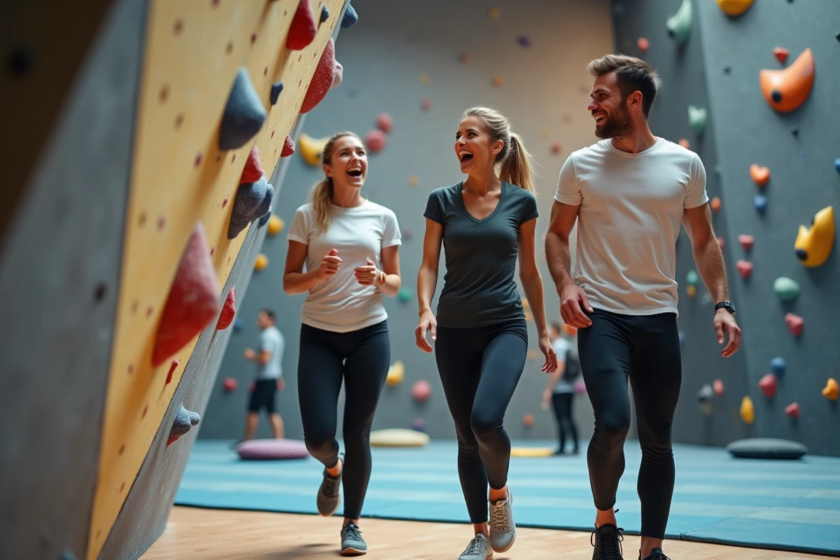 Trois jeunes adultes pratiquant l'escalade en salle ensemble à Cholet lors d'une activité sportive conviviale