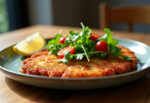Milanese croustillante avec salade de roquette et tomates cerises